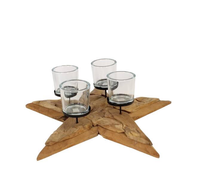 Pillar candle holder star erosion wood 78x78x14cm - Natural