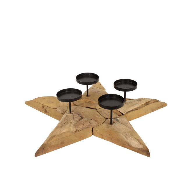 Pillar candle holder star erosion wood 58x58x12cm