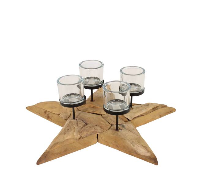 Pillar candle holder star erosion wood 58x58x12cm