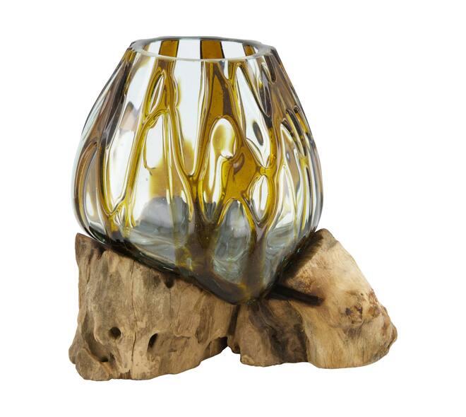 Root teak wood with glass 20x20x20cm - Brown