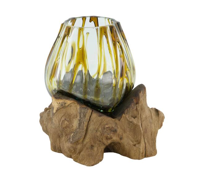 Root teak wood with glass 18x16x14cm - Brown