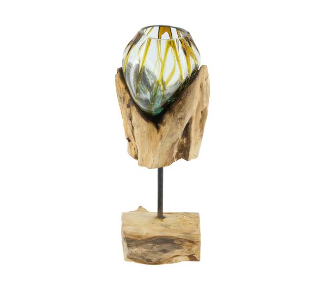 Root teak wood with glass 20x20x38cm - Brown