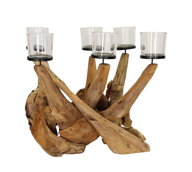 Pillar candle holder teak wood square 67x48x48cm Natural