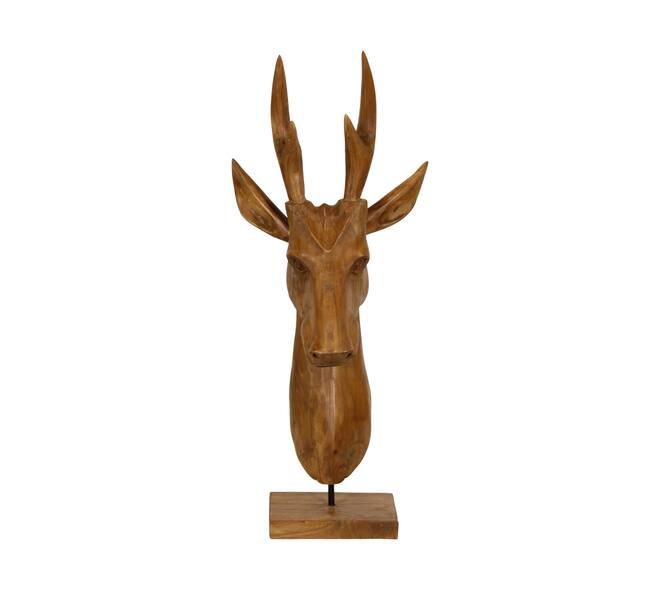 Standbeeld hert teakhout op staander 30x30x74cm natuurlijk