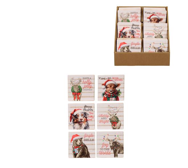 Decorative tile christmas animals ceramic square with magnet 11x11x1cm Brown Red 6 variants