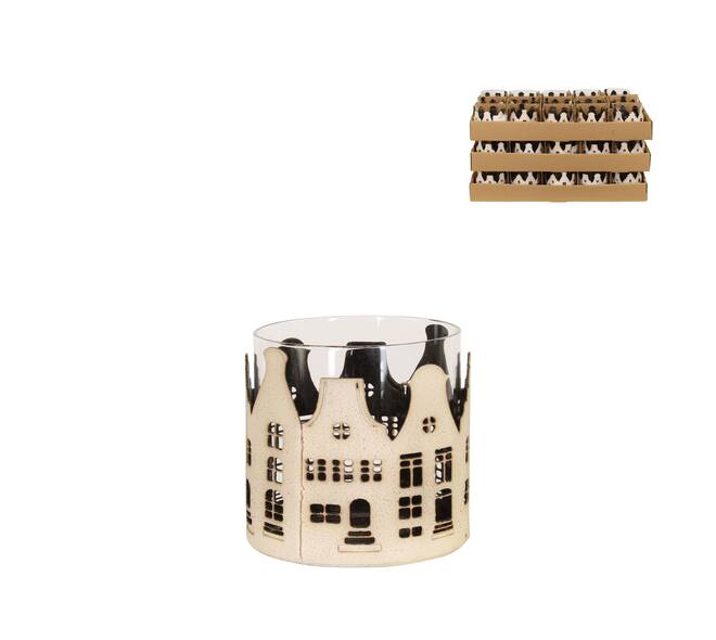 Tealight holder house metal 9.5x9.5x8.5cm - White