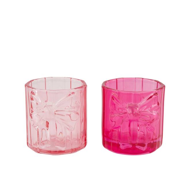 Tealight holder ribbon glass 8.5x8.5x8cm C2 - Pink