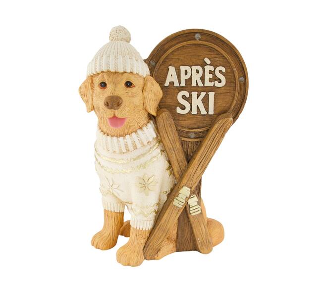 Figurine chien après-ski magnésium avec des lumières 32x24x45cm blanc or