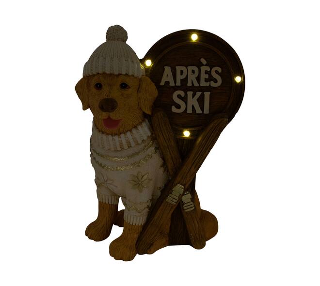 Figurine chien après-ski magnésium avec des lumières 32x24x45cm blanc or
