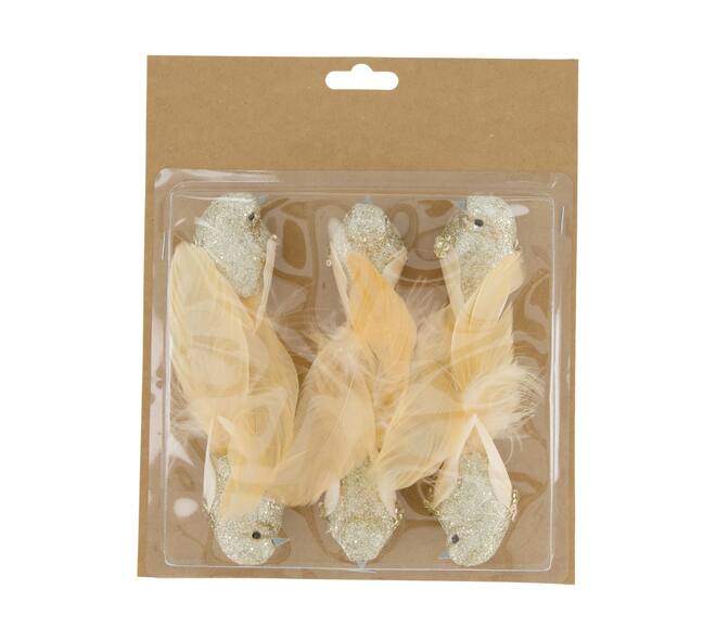 Vogel stof op clip 14x4x3cm goud 6st
