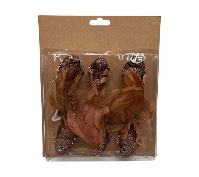 Bird fabric on clip 14x4x3cm 6pc - Brown