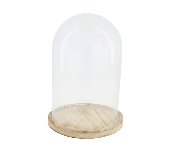 Bell round with paulownia wood base glass 17x17x25cm