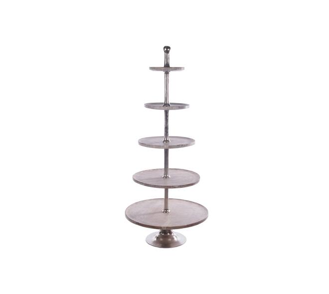 Etagiere round 5 layers aluminium - mango wood 76x76x150cm - White