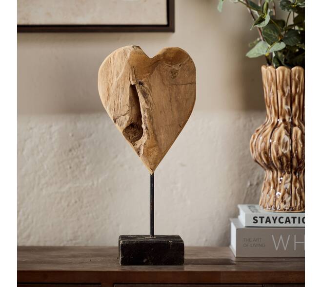 Coeur sur pied - Bois de teck - 35x16,5x10 cm - Naturel