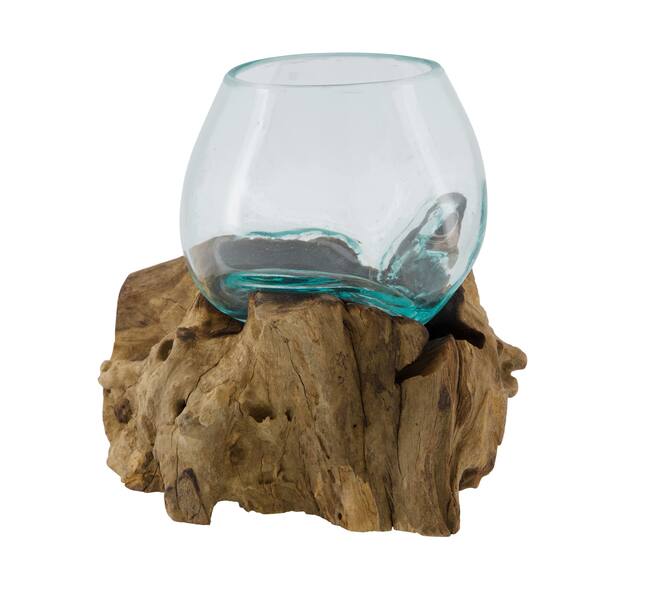Root teak wood with glass 18x13x18cm - Natural