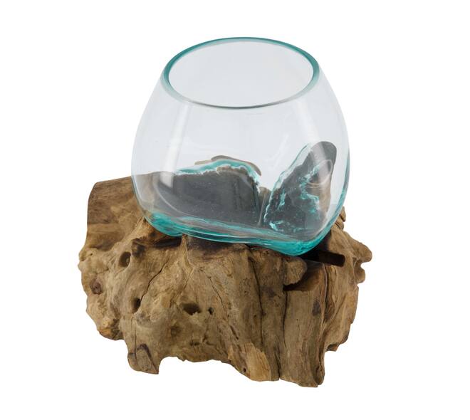 Root teak wood with glass 18x13x18cm - Natural