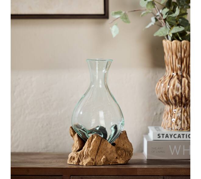 Glas op hout  - 22x17x27cm - Natuurlijk