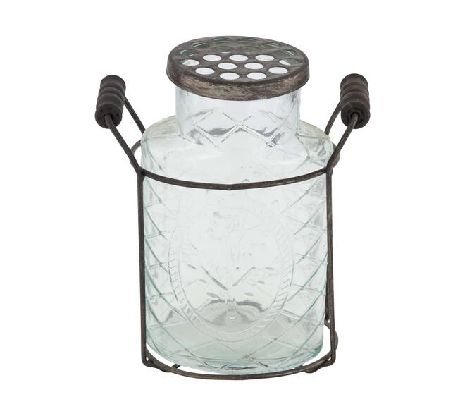 Vase round with lid in metal basket glass 14x8.5x18cm