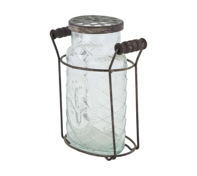 Vase round with lid in metal basket glass 14x8.5x18cm