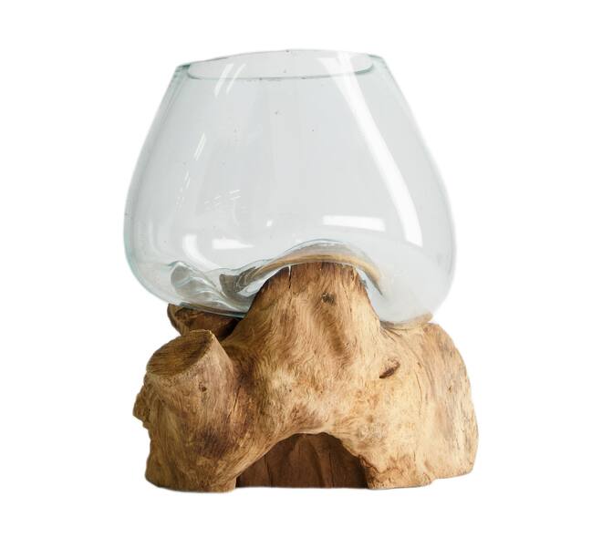 Root teak wood with glass 20x20x20cm - Natural