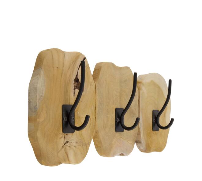 Coat rack slice teak wood with 3 hooks 46x10x20cm