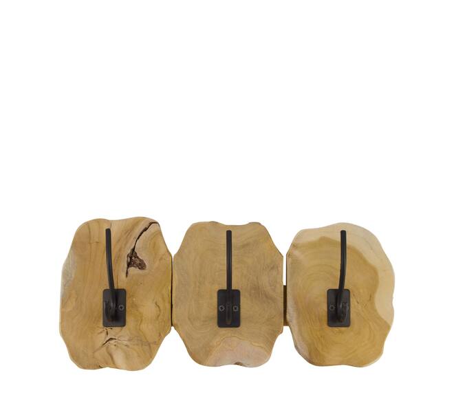 Coat rack slice teak wood with 3 hooks 46x10x20cm