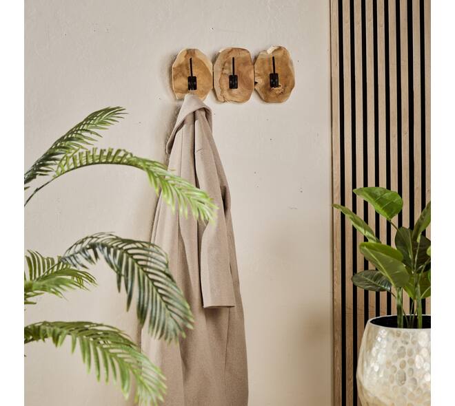 Coat rack slice teak wood with 3 hooks 46x10x20cm