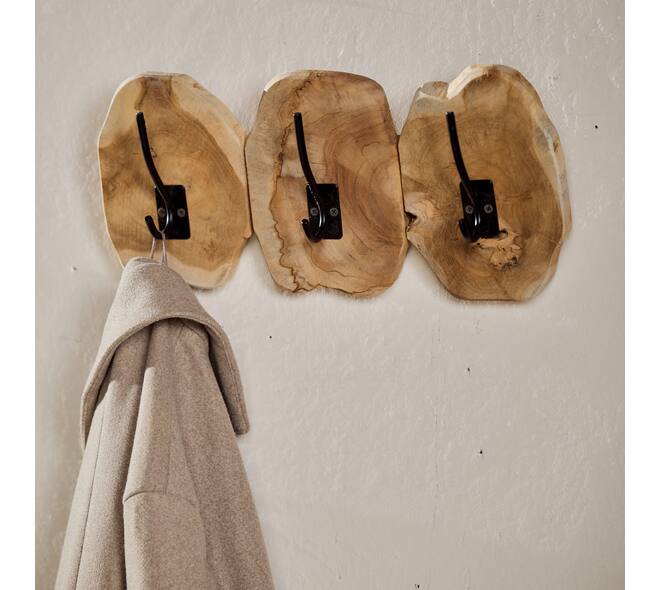 Coat rack slice teak wood with 3 hooks 46x10x20cm
