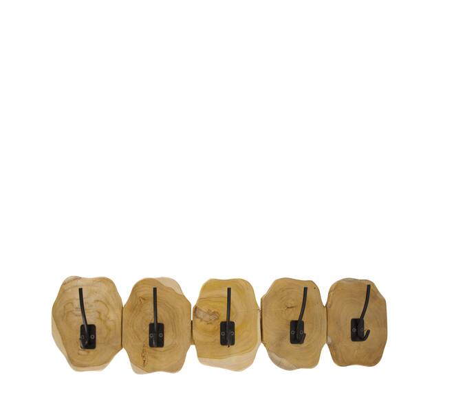Coat rack slice teak wood with 5 hooks 78x10x20cm - Natural
