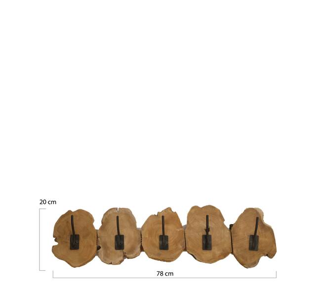 Coat rack slice teak wood with 5 hooks 78x10x20cm - Natural