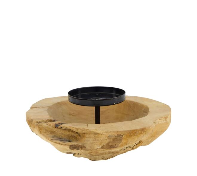 Bowl round teak wood with candle holder 20x20x8cm - Natural