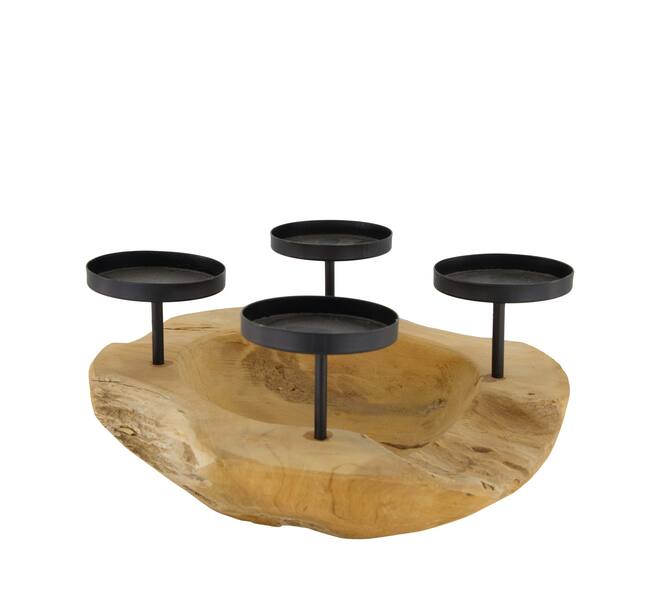Bol avec bougeoirs - Bois de teck - 30x15cm - Naturel