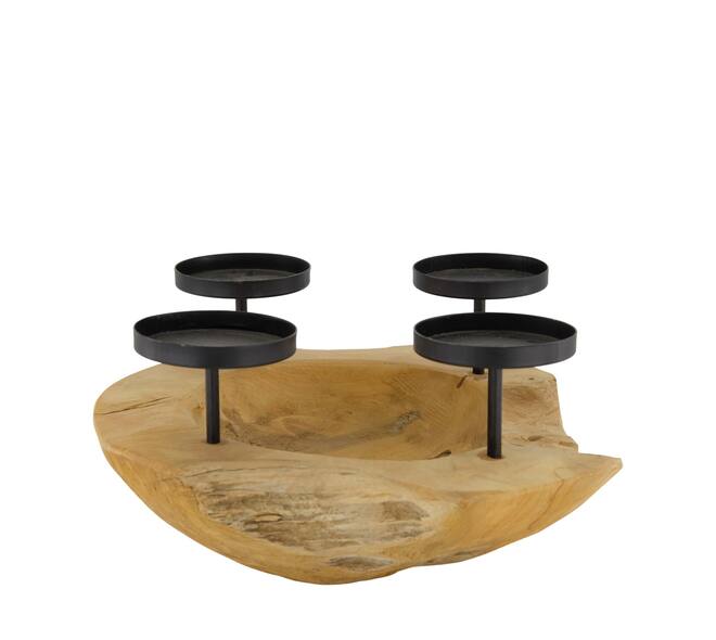 Bol avec bougeoirs - Bois de teck - 30x15cm - Naturel