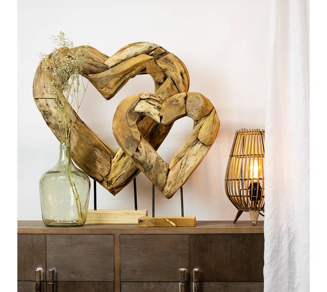 Statue heart open erosion wood on stand 58x15x70cm