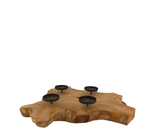 Root slice teak wood with candle holders 55x55x9cm - Natural
