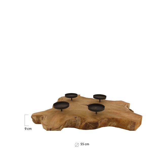 Root slice teak wood with candle holders 55x55x9cm - Natural