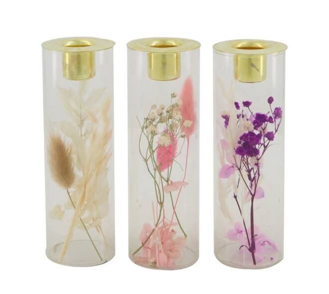 Dinnercandle holder with dried flowers glass 5x5x15cm C3 - Pink
