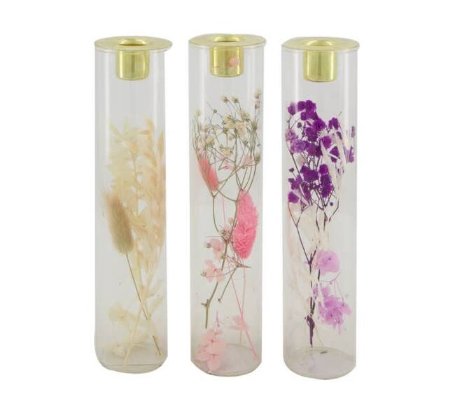 Dinnercandle holder with dried flowers glass 5x5x22cm C3 - Pink