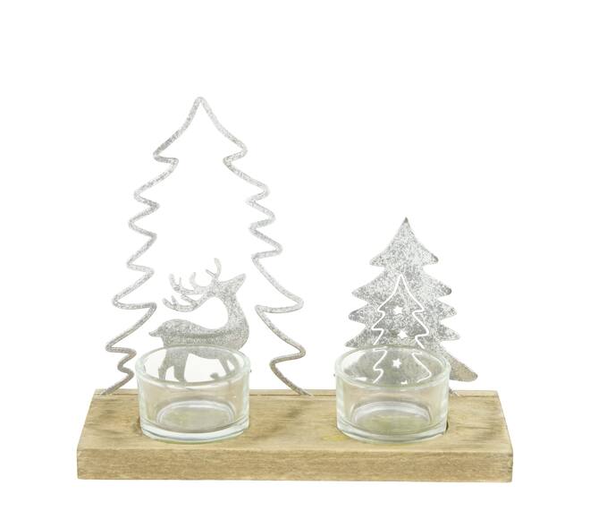 Tealight holder fir wood with glass 19x7x16.5cm FSC 100% - Silver