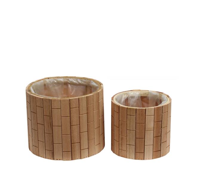 Planter round poplar wood with plastic 27x27x22cm S/2 FSC 100%