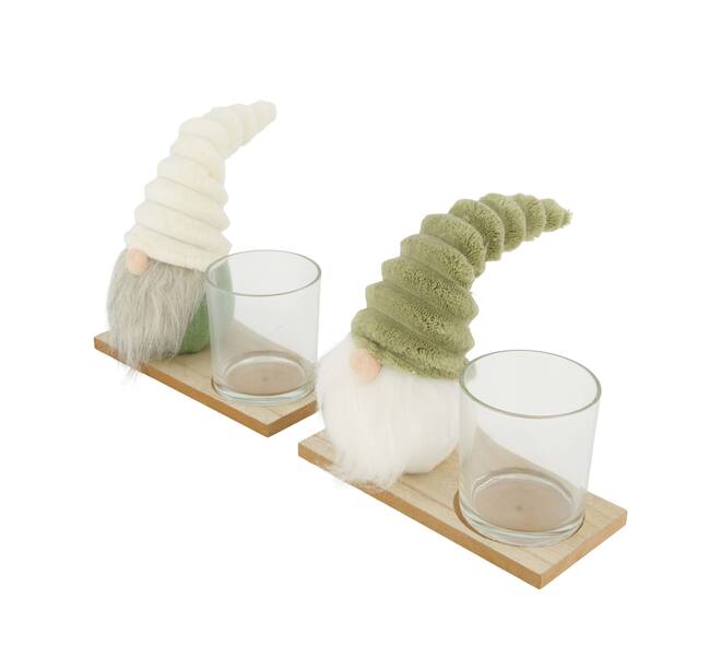 Tealight holder gnome on tray mdf with glass 17.5x8x22cm  FSC 100% - Multi