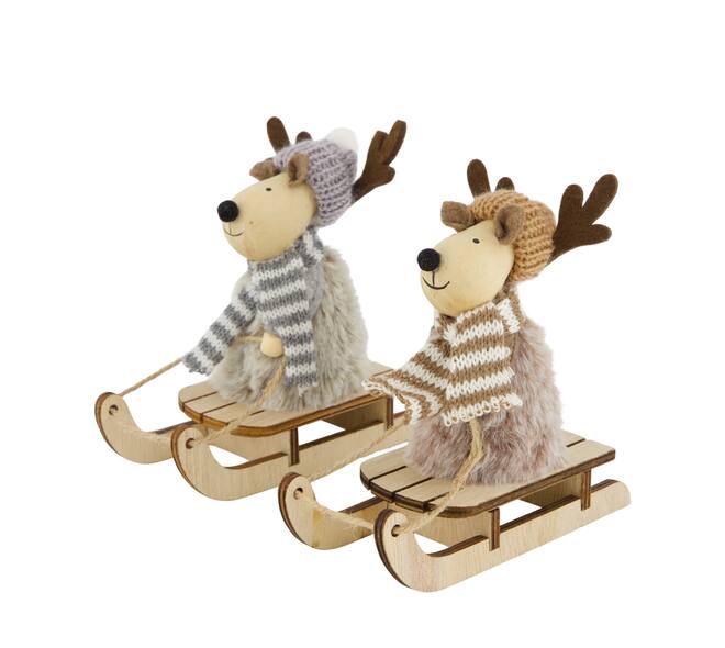 Figurine reindeer fabric on sleigh plywood 13x5.5x12cm  FSC 100% - Natural