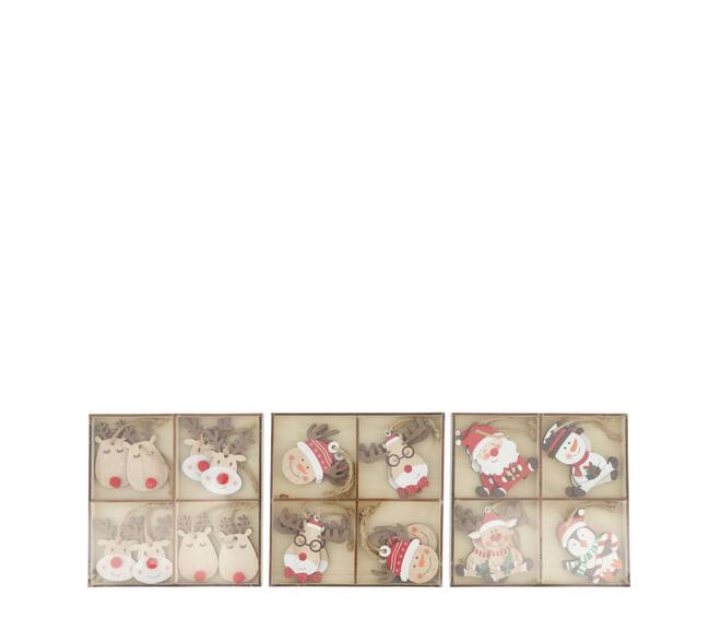 Hanger reindeer - santa - snowman in box plywood 13x1.5x13cm 8pc  FSC 100% - Multi
