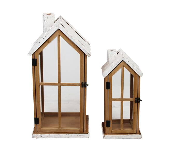 Lantern house fir wood with glass 28x21x57cm FSC 100% - Brown