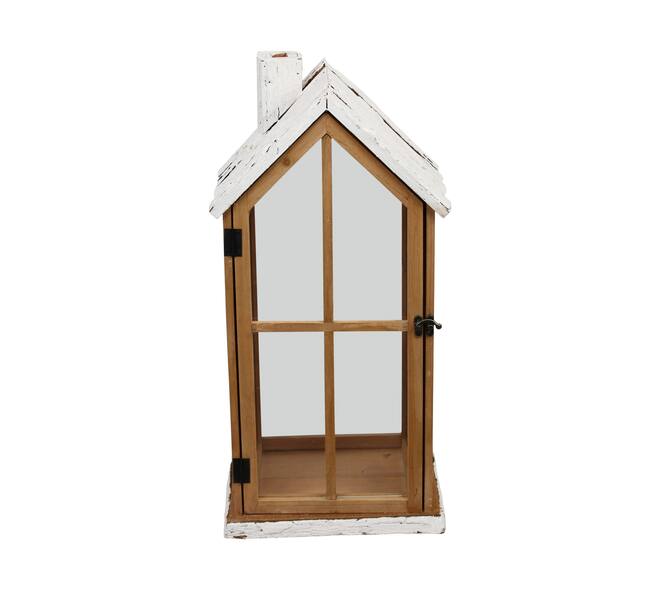 Lantern house fir wood with glass 28x21x57cm FSC 100% - Brown
