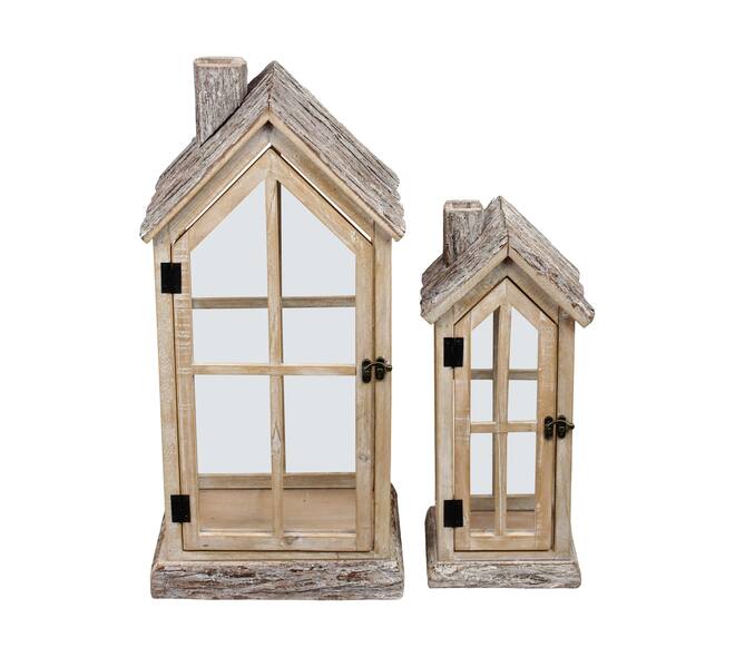 Lantern house fir wood with glass 28x21x57cm S/2 FSC 100%