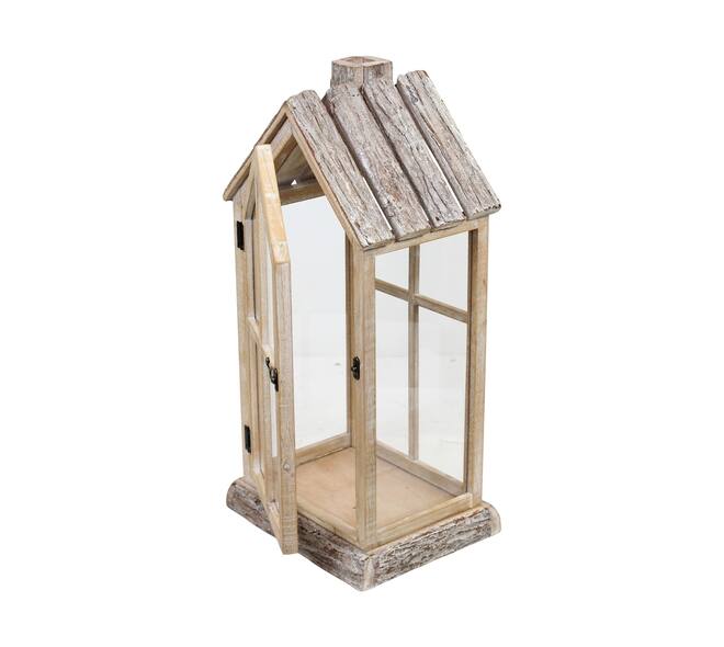 Lantern house fir wood with glass 28x21x57cm S/2 FSC 100%