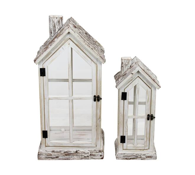 Lantern house fir wood with glass 28x21x57cm S/2 FSC 100%