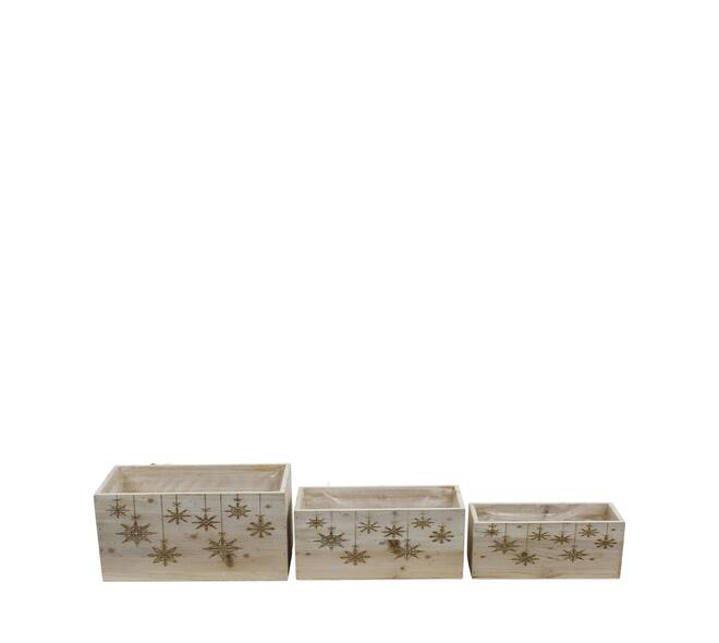 Planter rectangular snowflake pine wood with plastic 28x14x14cm S/3 FSC 100%