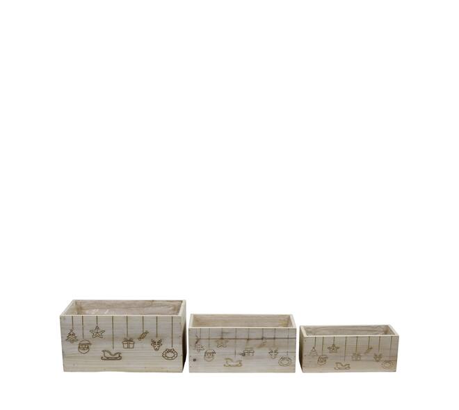 Planter rectangular Christmas pine wood with plastic 28x14x14cm S/3 FSC 100%